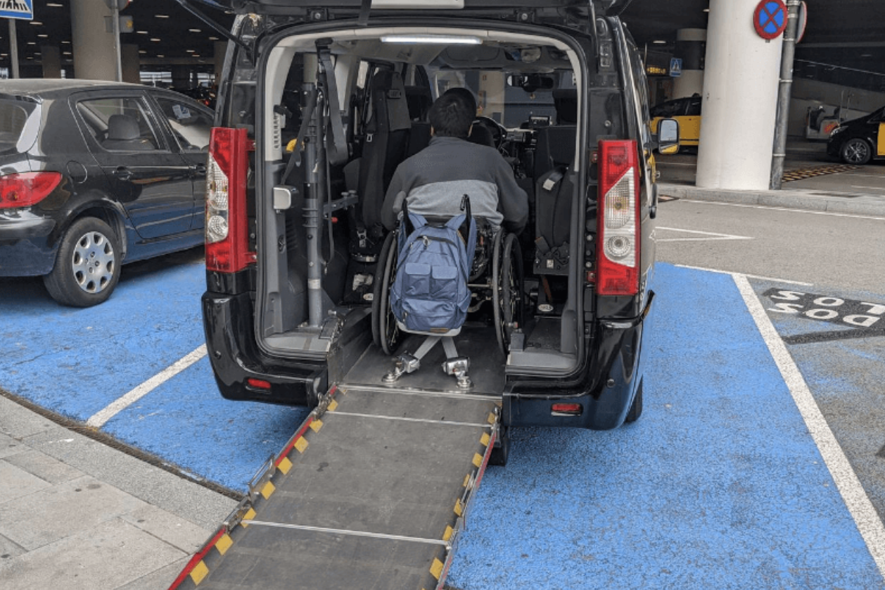 Wheelchair accessible taxi in Barcelona equipped with a ramp.