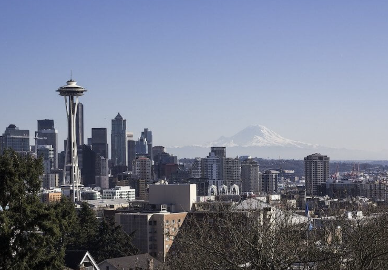 Skyline of Seattle with mountain in background