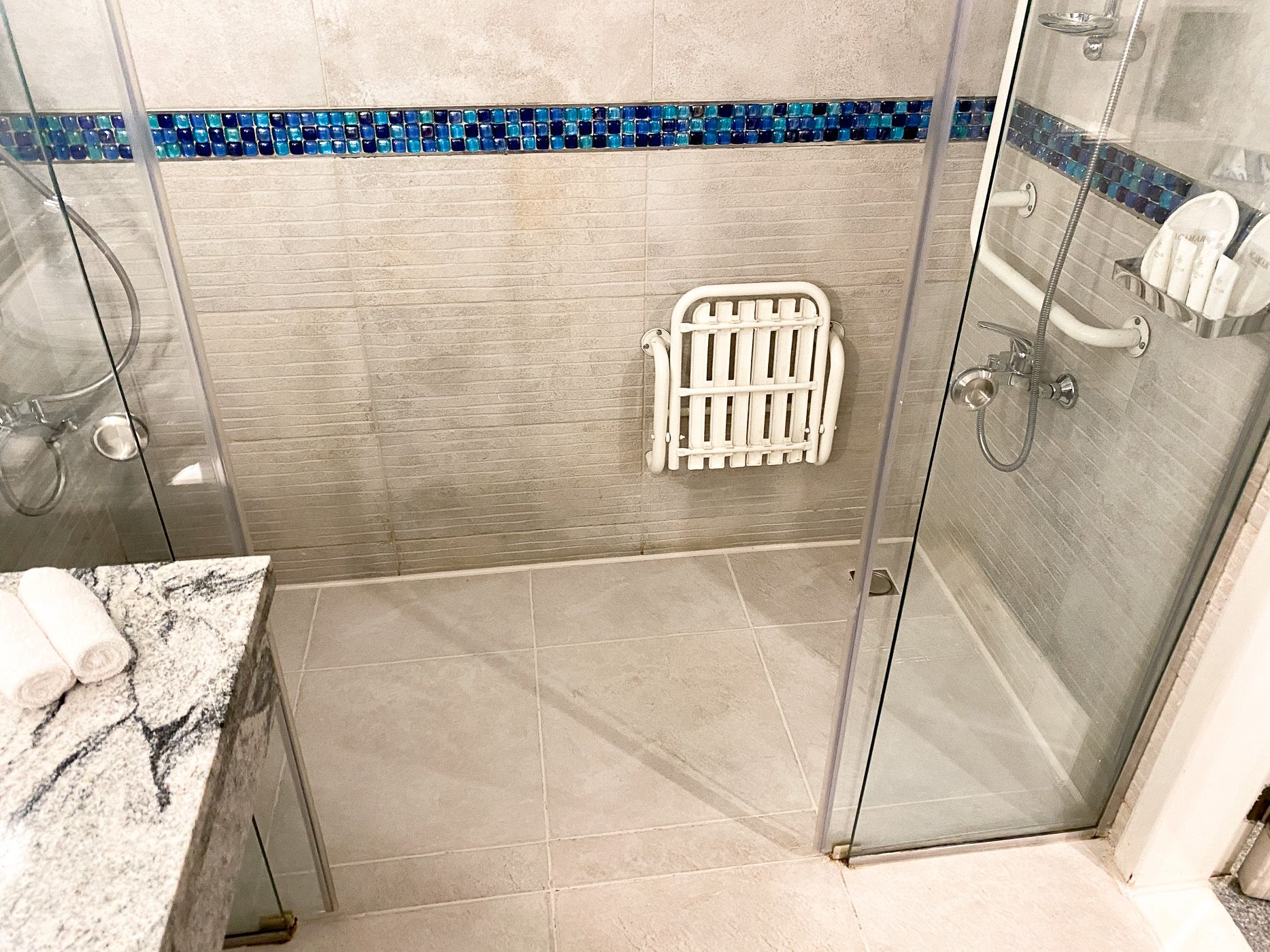 Accessible hotel with a roll-in shower. Equipped with features such as grab bars, smooth flooring, and handheld shower head.