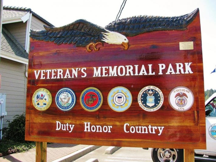 Veteran's Memorial Park sign in Florence, Oregon