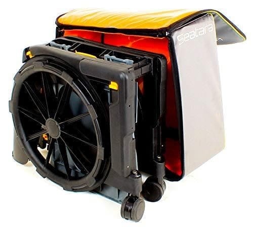 Portable shower chair folded next to storage bag