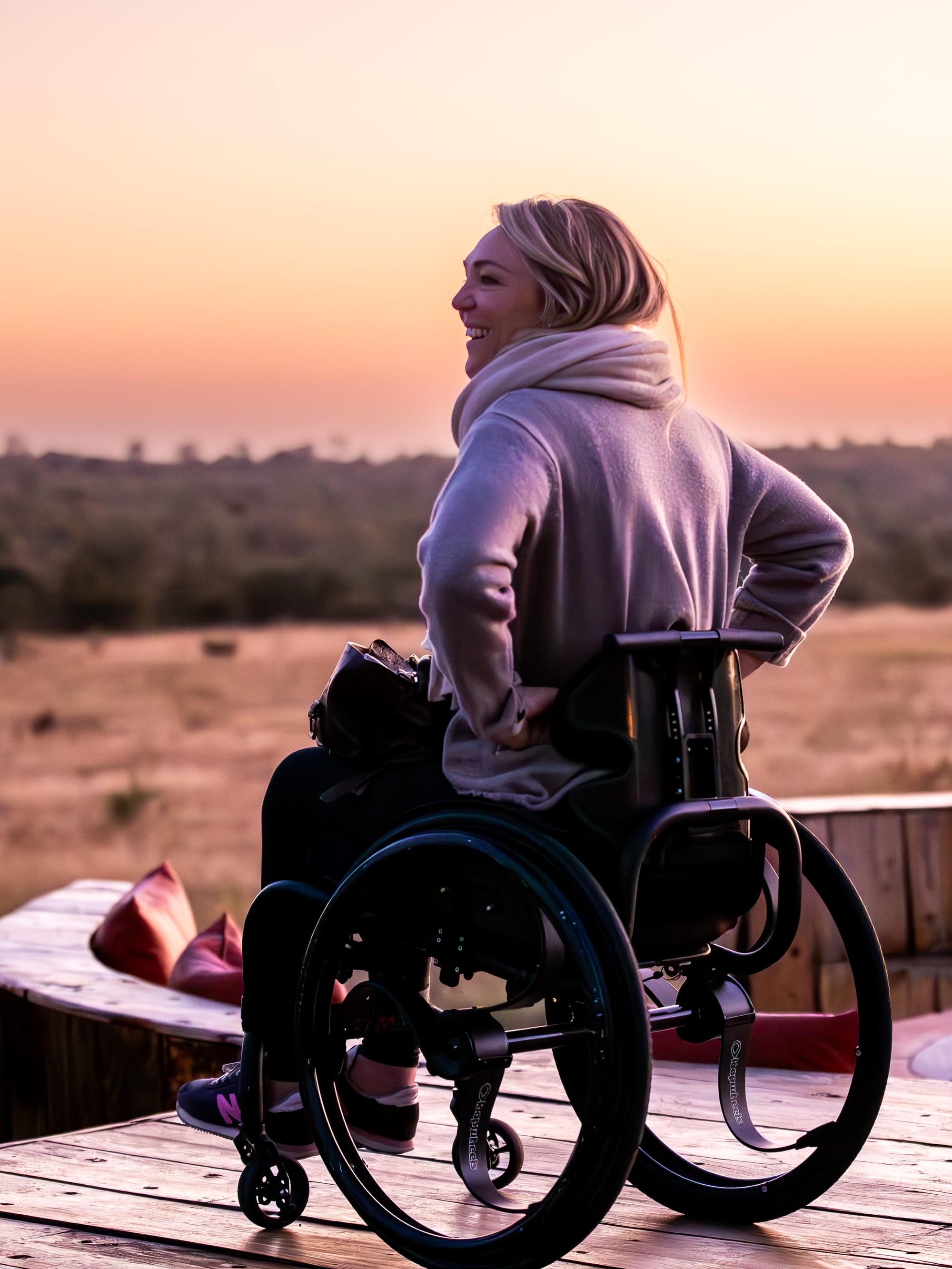 Sophie Morgan watching the sunrise from the accessible lodge in South Africa