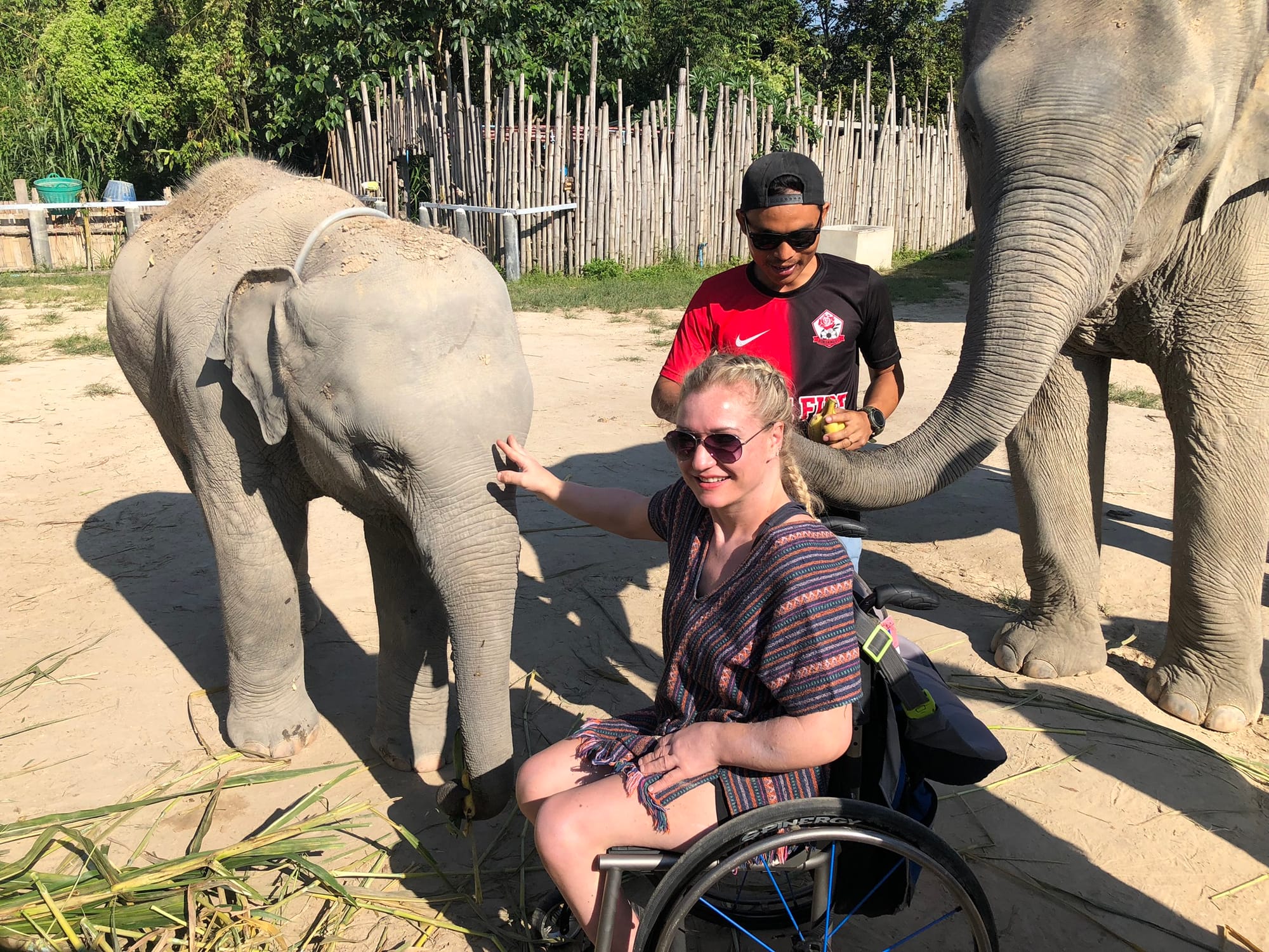 Wheelchair-user meeting the local elephants in Thailand