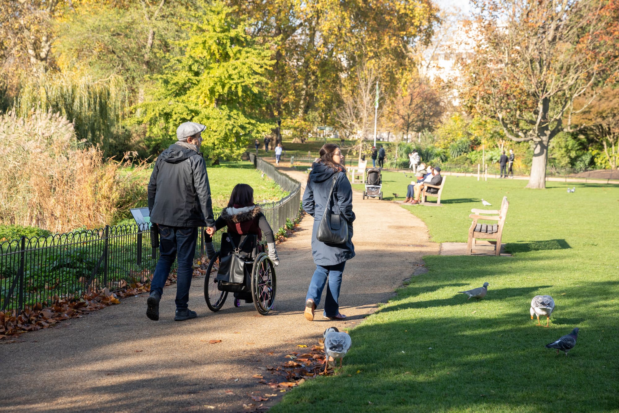 Wheelchair-user rolling with companions on accessible pathways in St. James Park, London