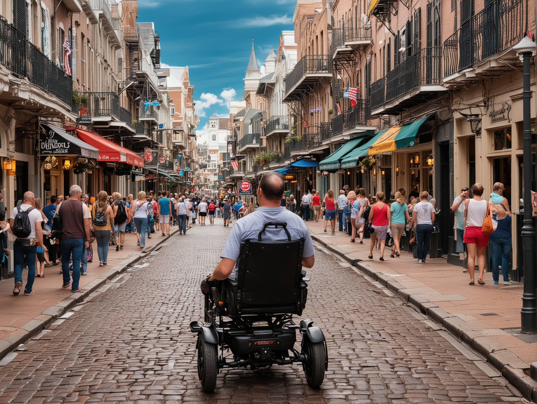 Power-wheelchair user rolling down Bourbon Street in New Orleans