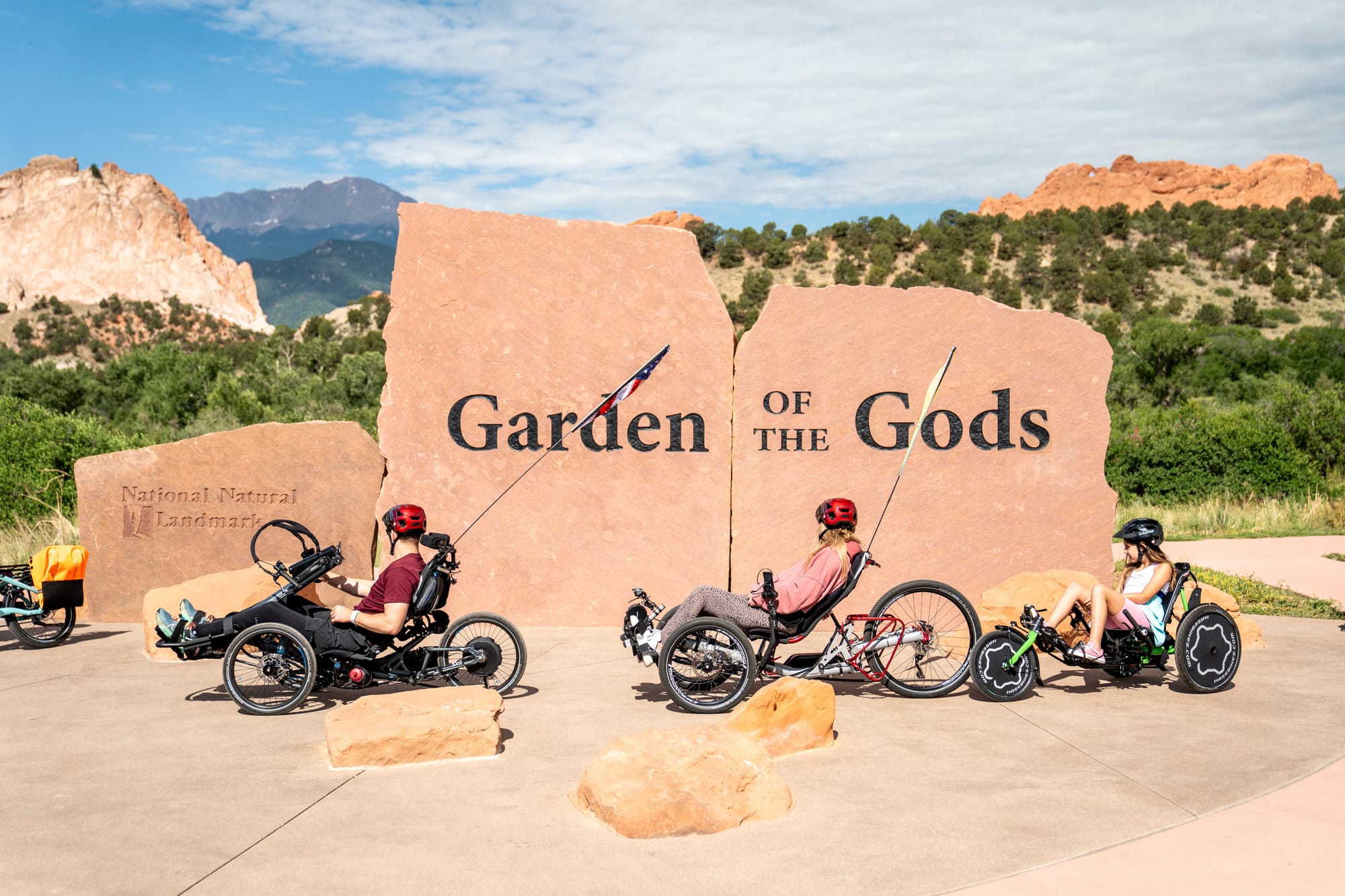 Wheelchair users enjoying adaptive cycling at Garden of the Gods in Colorado Springs