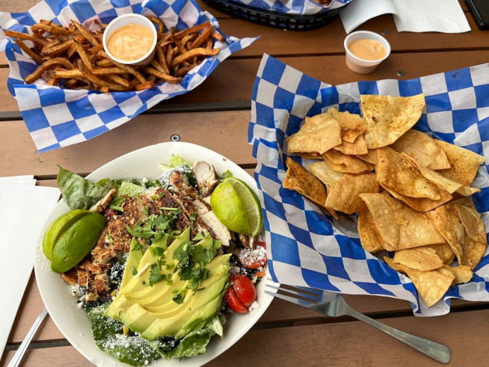 Salad, chips and fries at Superfly Martini Bar & Grill in Brookings, Oregon