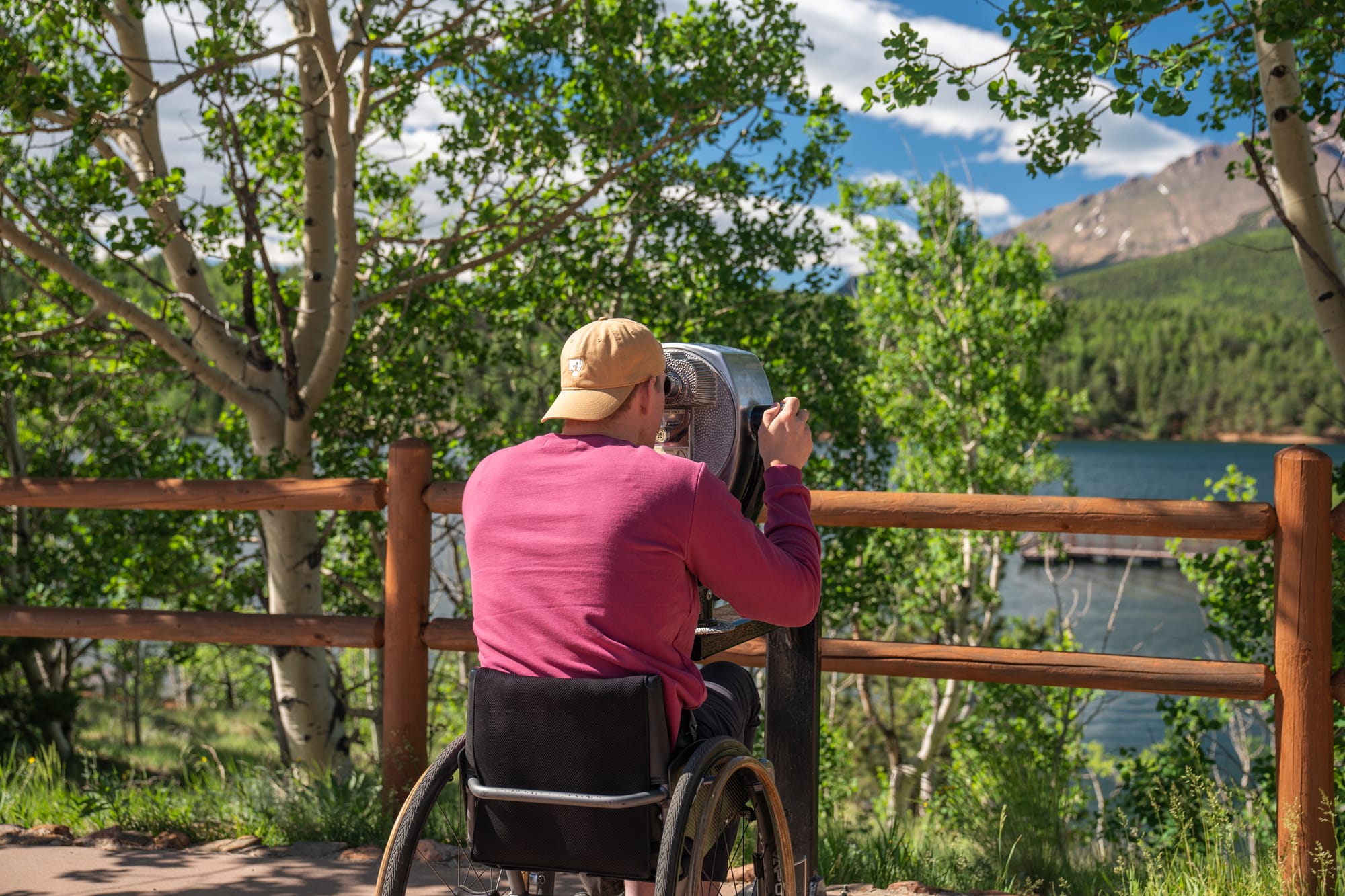 Wheelchair user enjoying views of the lake in Colorado Springs