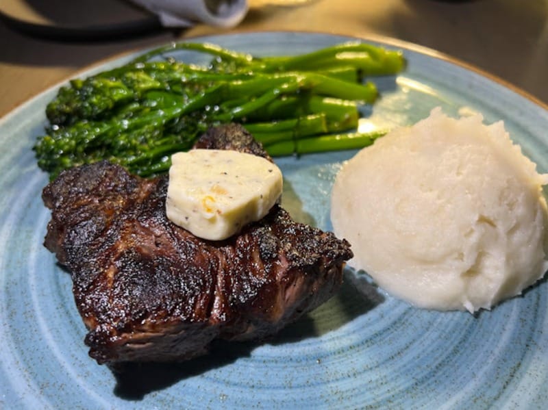 Steak, mashed potatoes, and asparagus at Jolie & The Belle in Huntington Beach