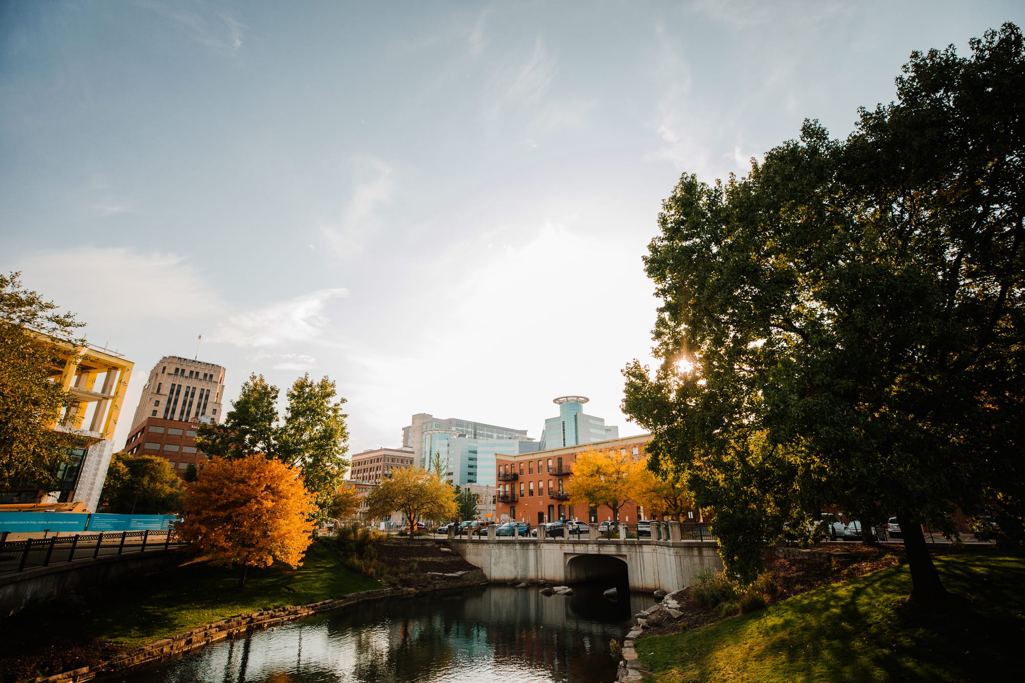 Arcadia Creek with fall-colored trees in downtown Kalamazoo