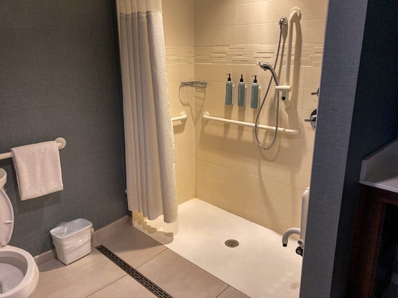 Roll-in shower, grab bars, and a shower seat at Residence Inn Ann Arbor Downtown