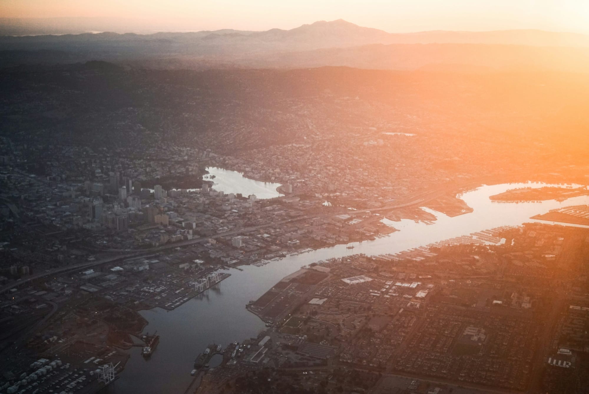 Arial view of Oakland, CA during sunset