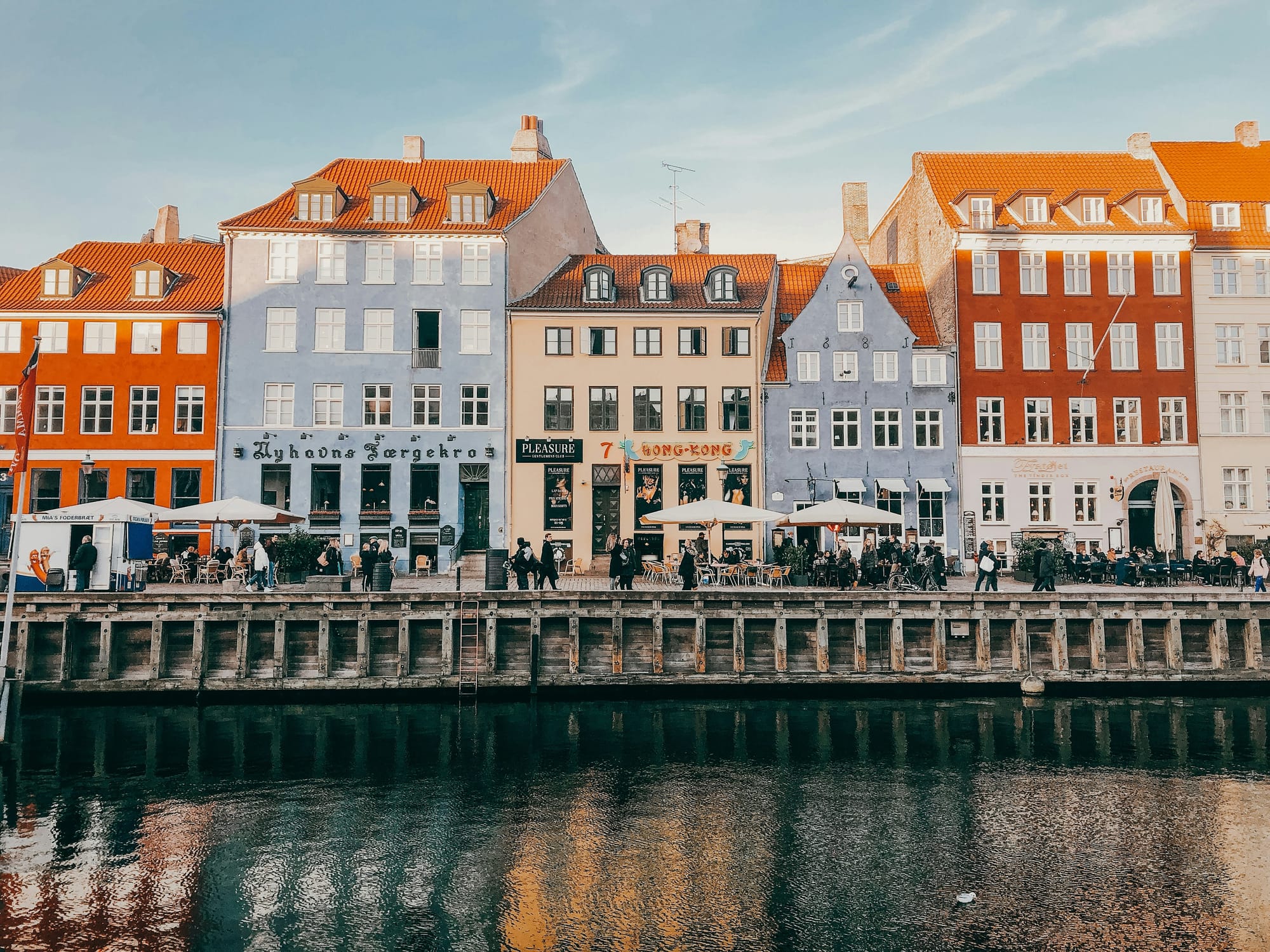 Overlooking the canal with colorful buildings and pedestrians in Nyhavn’s, Copenhagen