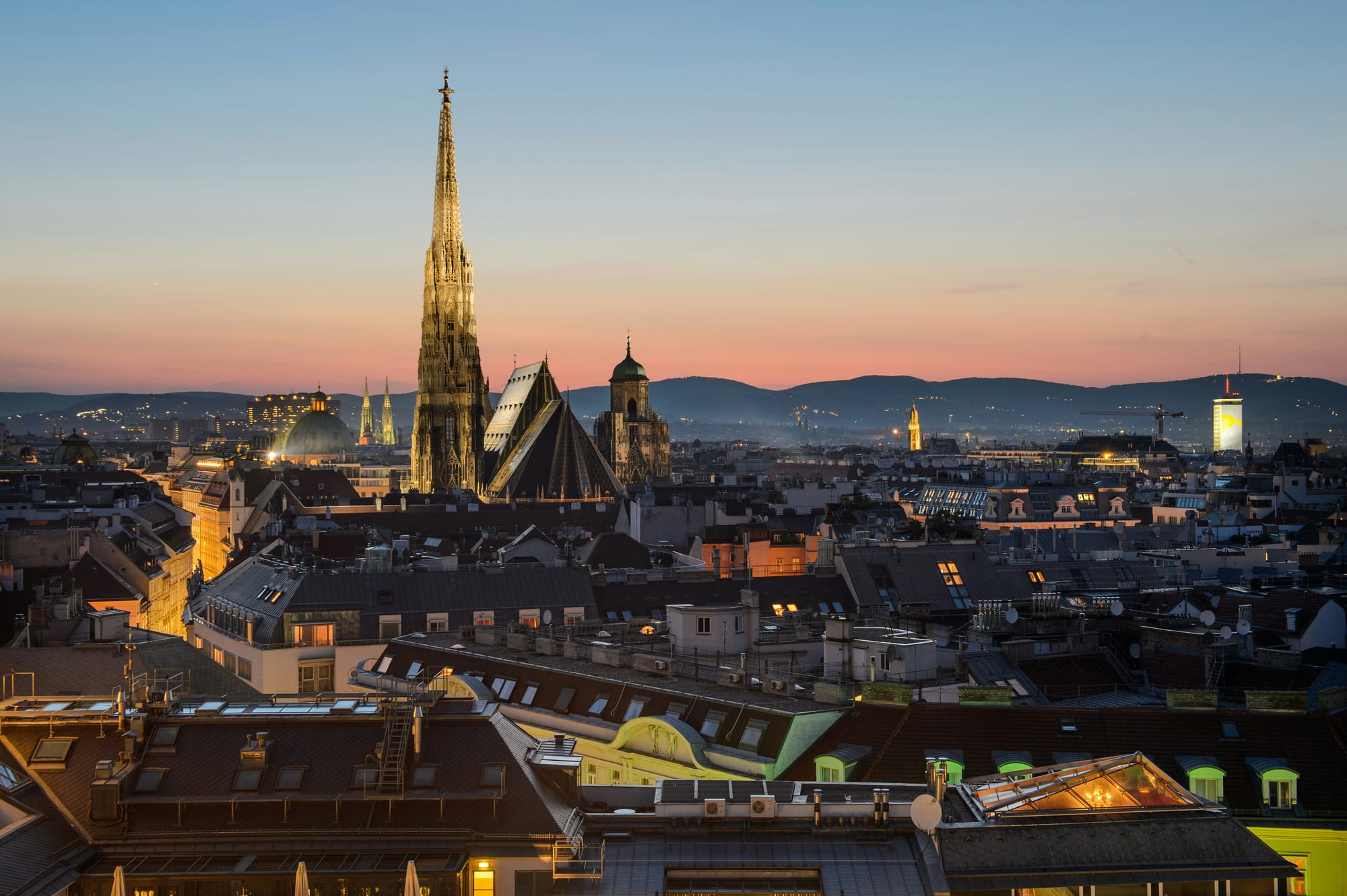 Overlooking Vienna at night with St Stephen's Cathedral lit up