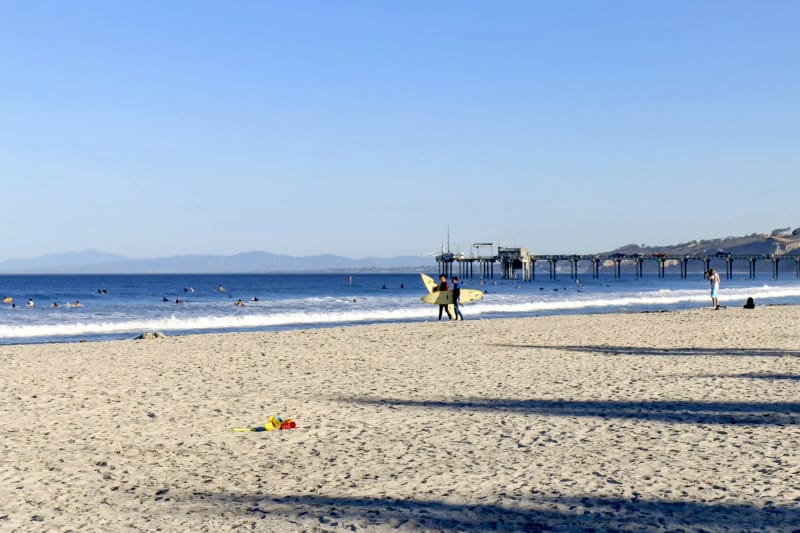 Two surfers at La Jolla Shores Beach in San Diego