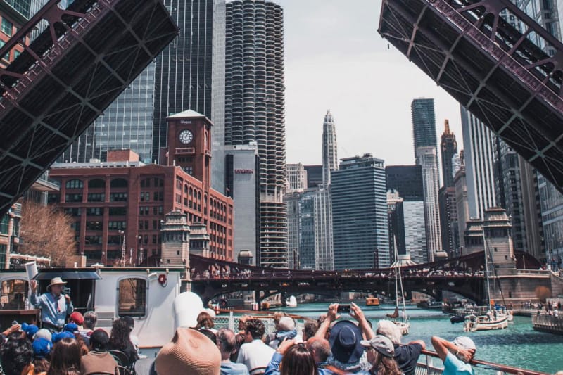 Under the bridge during the Chicago Architecture River Cruise