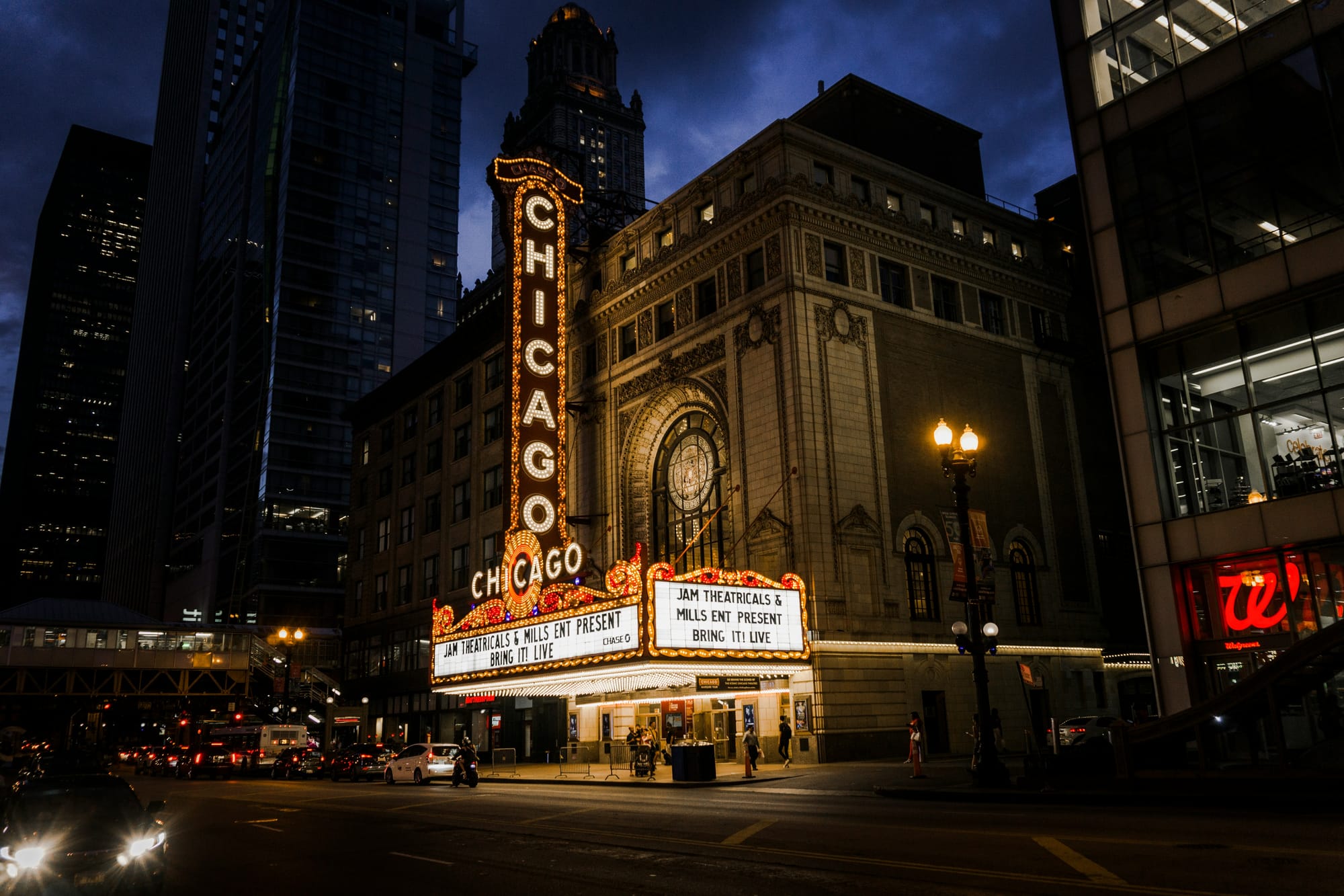 The Chicago Theatre sign at night