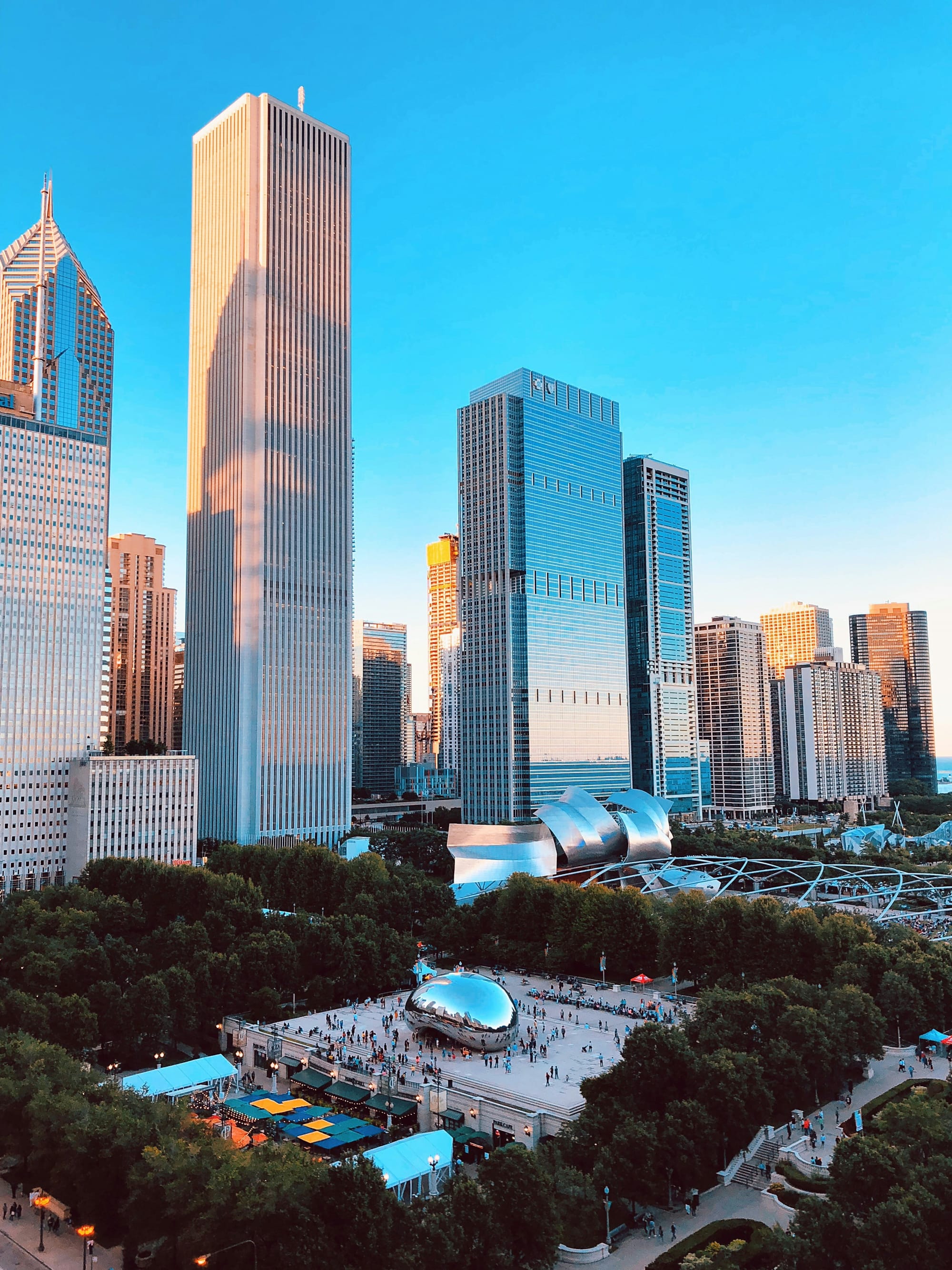 Arial view of Cloud Gate and buildings in the back