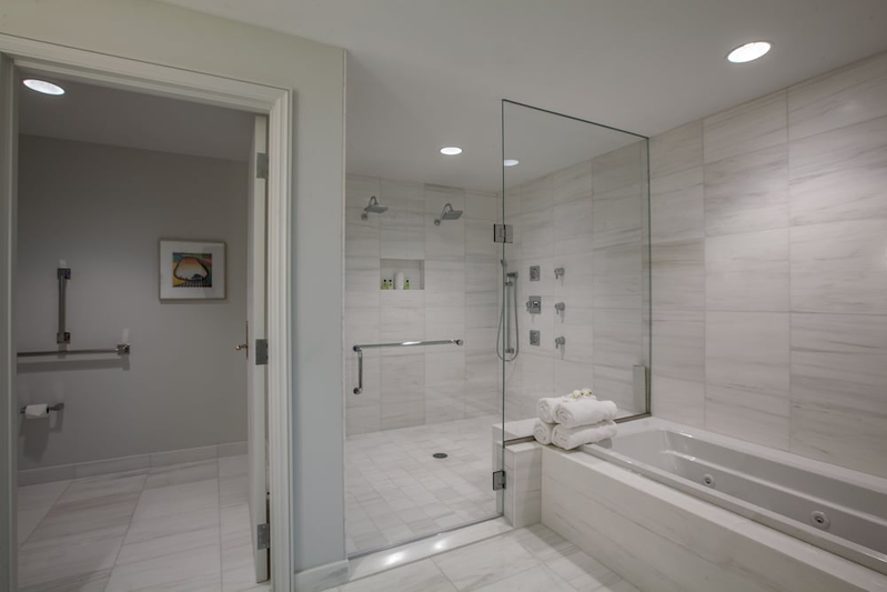 A spacious roll-in shower at InterContinental hotel in Cleveland