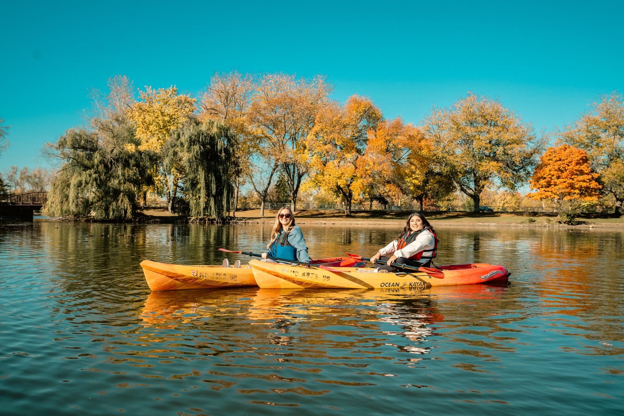 Two kayakers on the Grand River who launched at the accessible launch