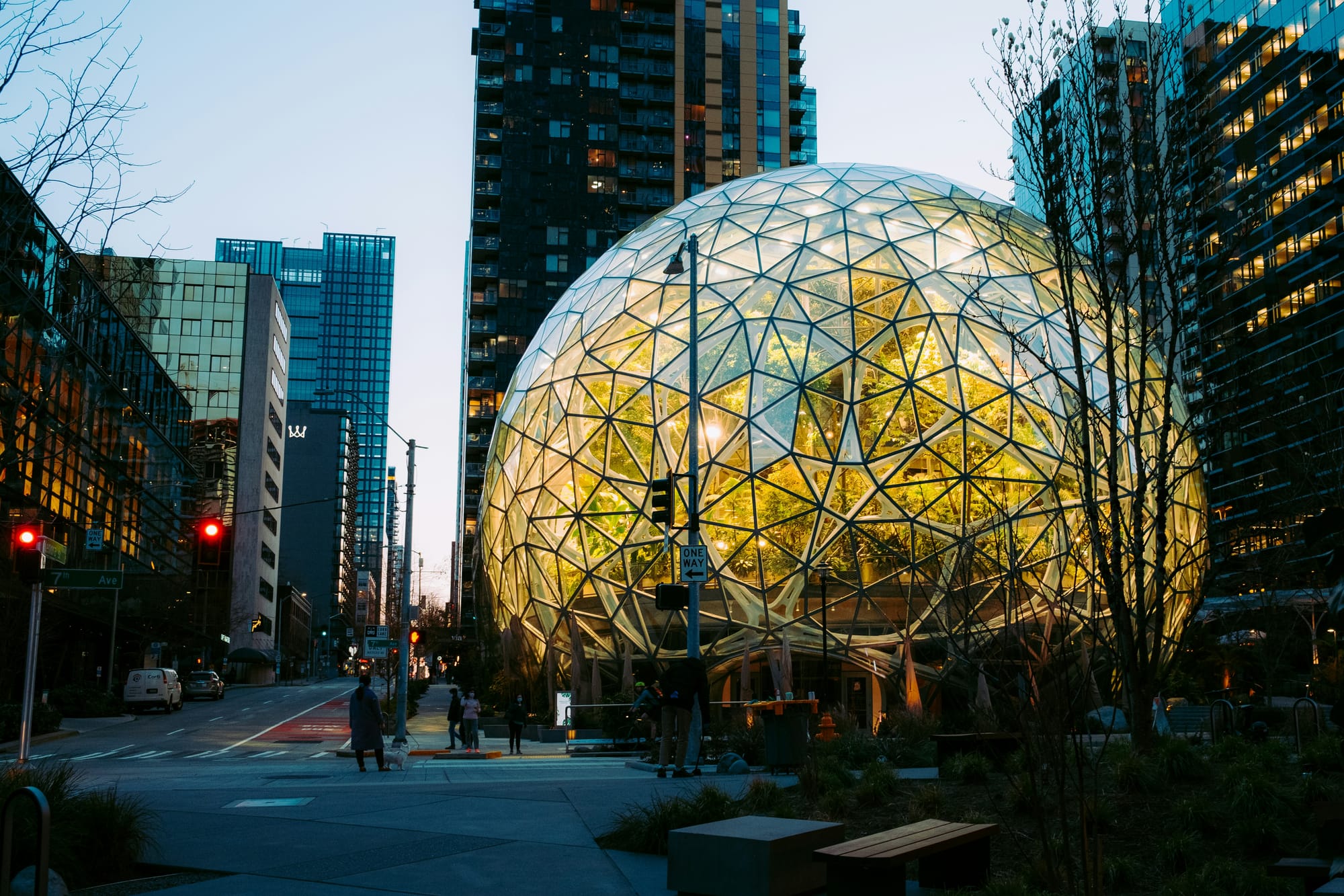 The Spheres in downtown Seattle, lit up at night