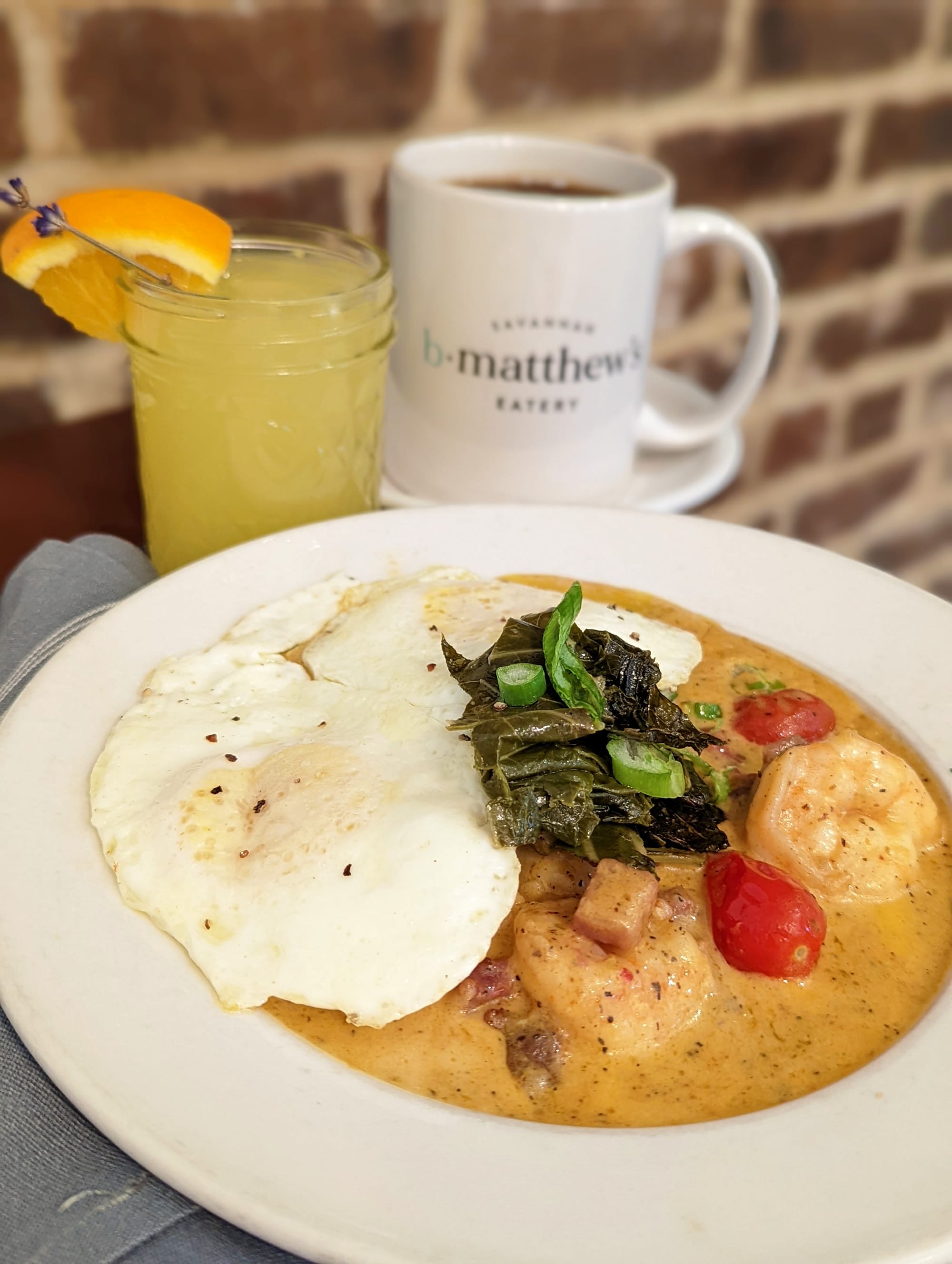 Shrimp, grits, and eggs at B. Matthews Eatery in Savannah