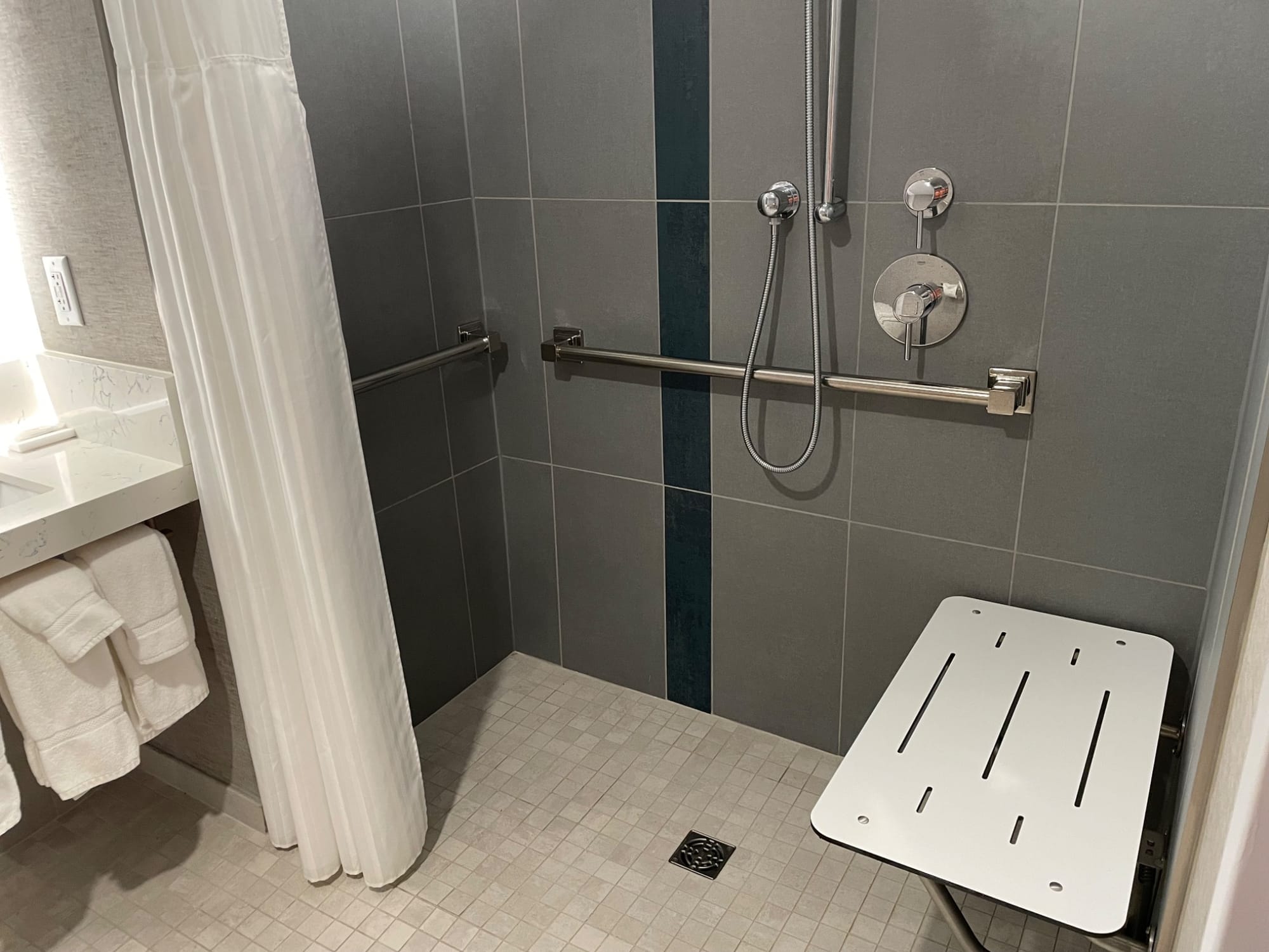 Roll-in shower, grab bars and seat at Radisson Plaza Hotel