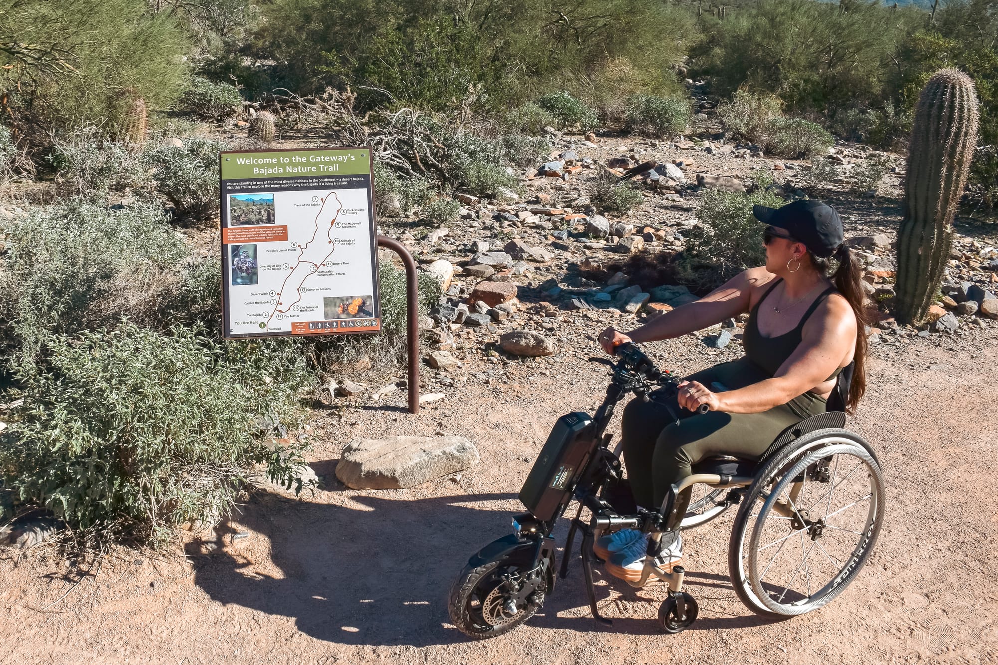 Kerry, wheelchair user, exploring Bajada Nature Trail near Scottsdale, Arizona