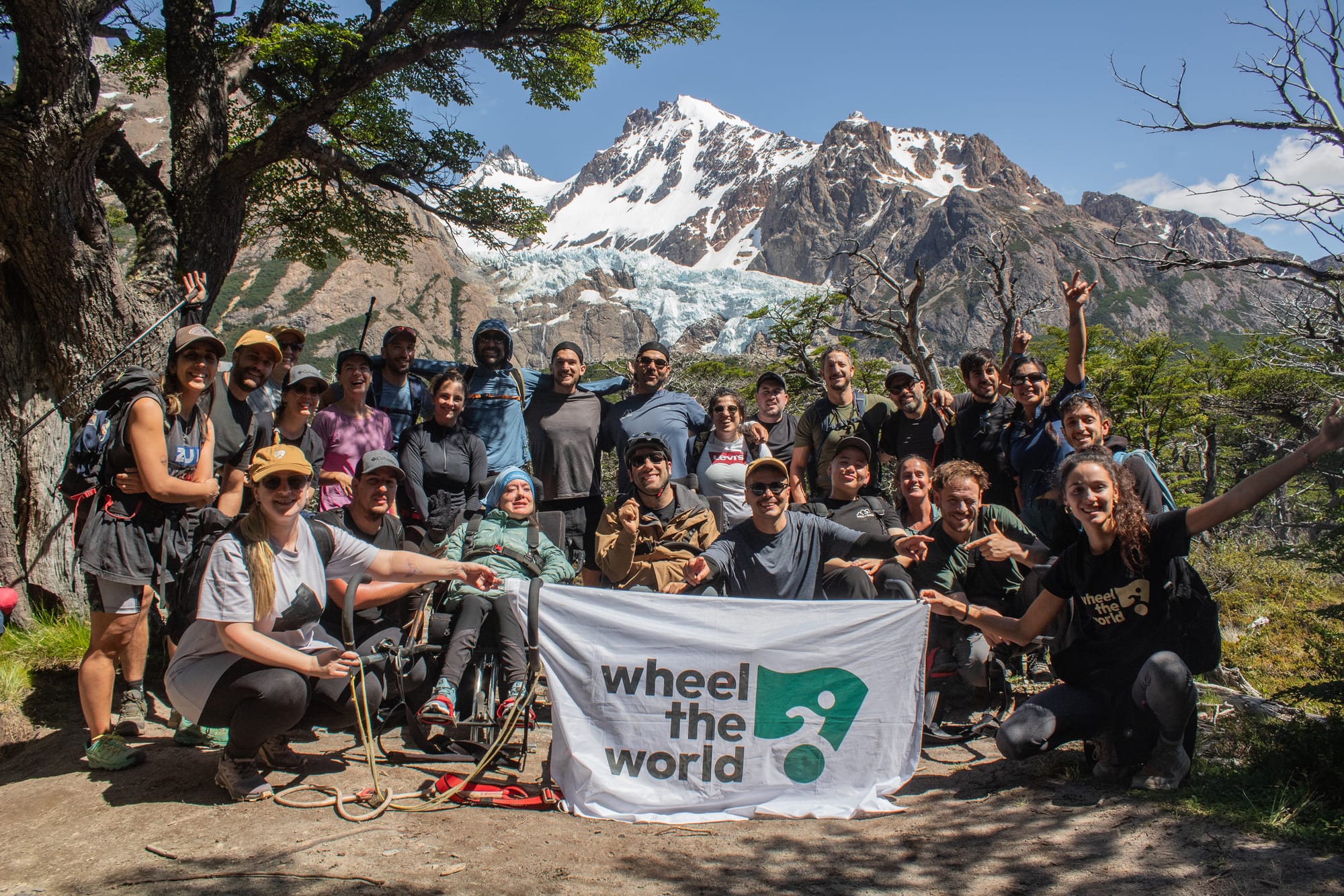 Wheel the World company on a team trek in El Chaltén, with a few wheelchair users