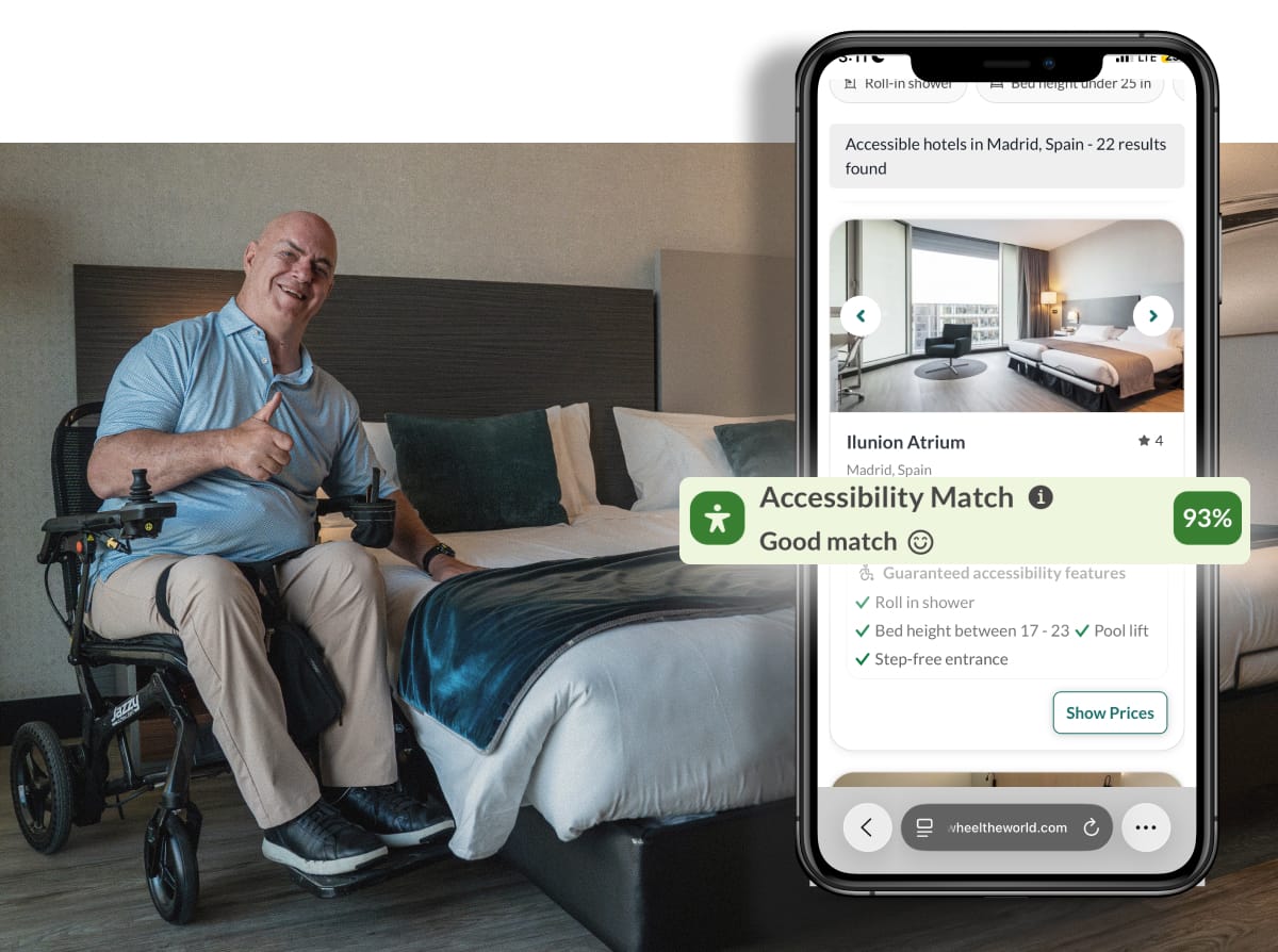 Wheelchair user giving thumbs up in accessible hotel room next to Wheel the World app showing 93% Accessibility Match for a hotel in Madrid, Spain