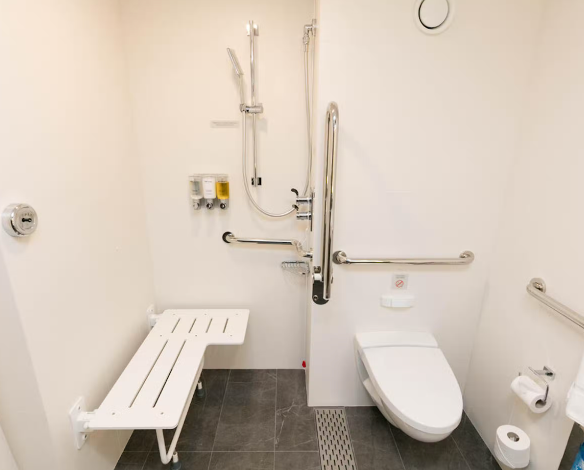Accessible roll-in shower with seat, grab bars, and handheld showerhead