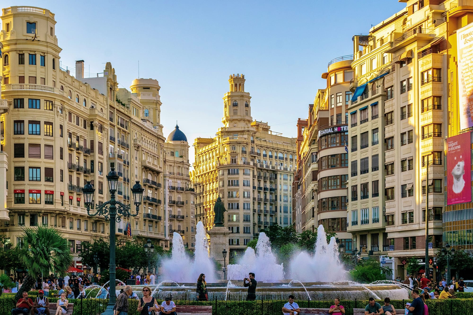 Placa de l'Ajuntament fountains in Valencia, Spain
