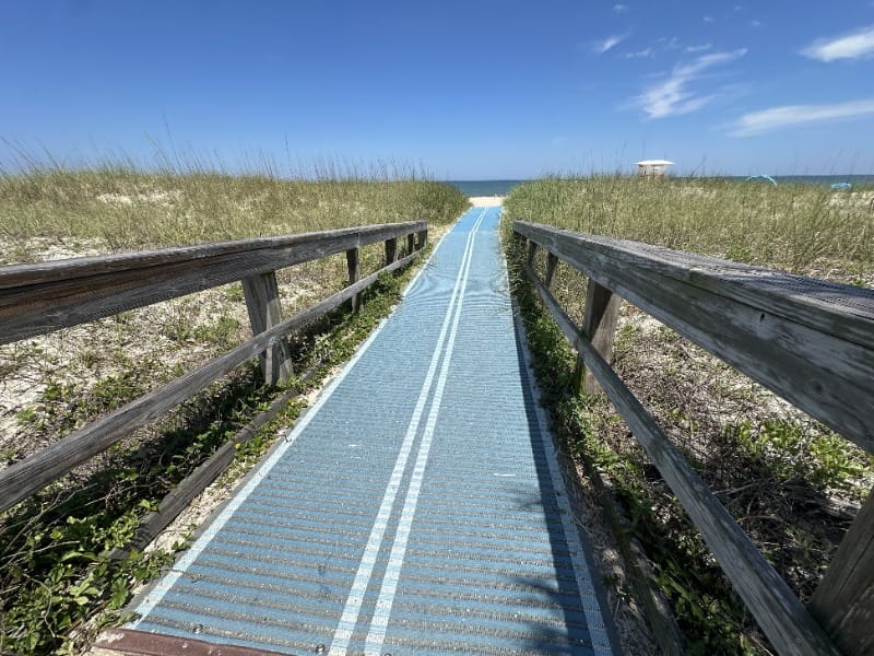 Wheelchair beach access with mobi-mat onto Main Beach in Amelia Island, Florida