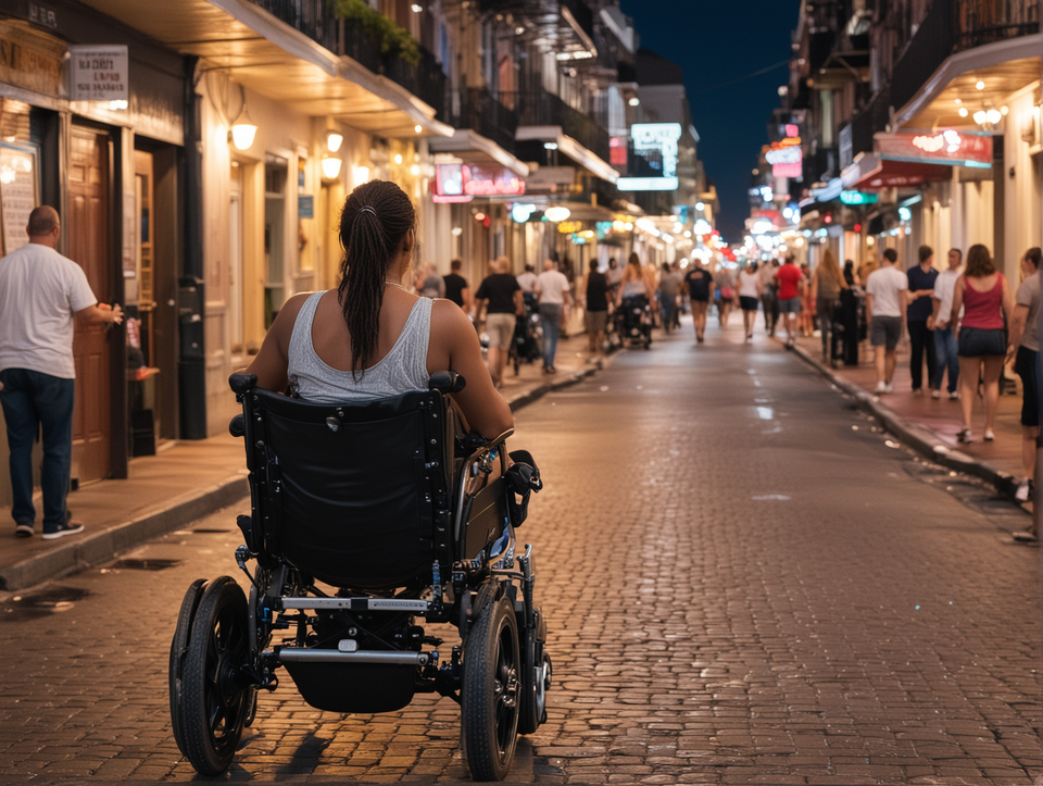 Wheelchair-user looking down Bourbon Street in New Orleans