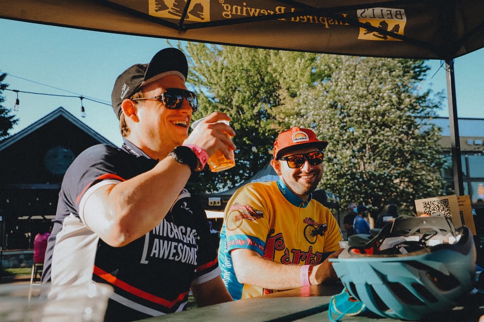 bikers enjoying beer at Bell’s Eccentric Cafe in Kalamazoo, Michigan