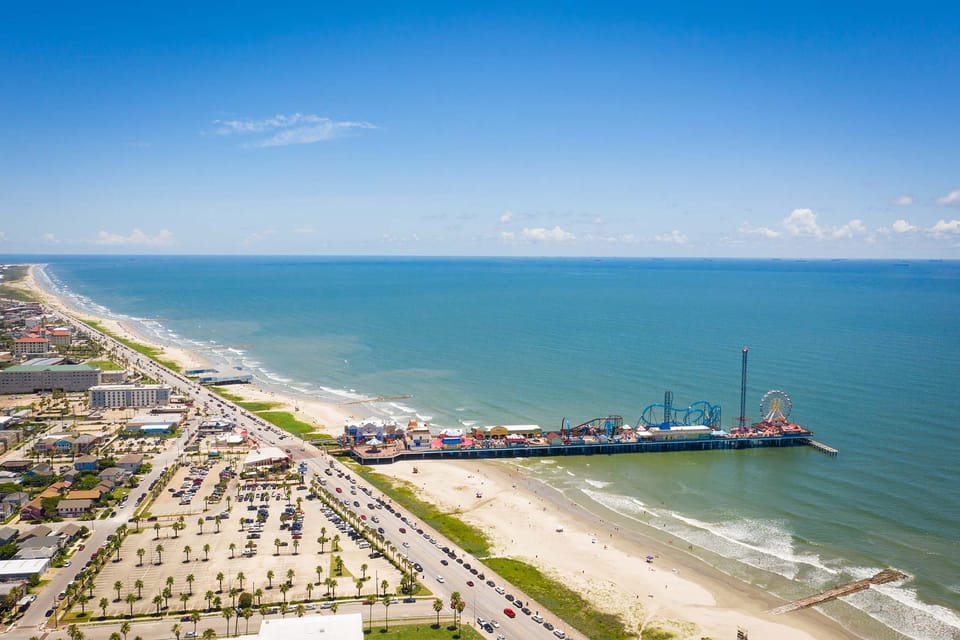 Aerial view of Pleasure Pier and Beach in Galveston, Texas